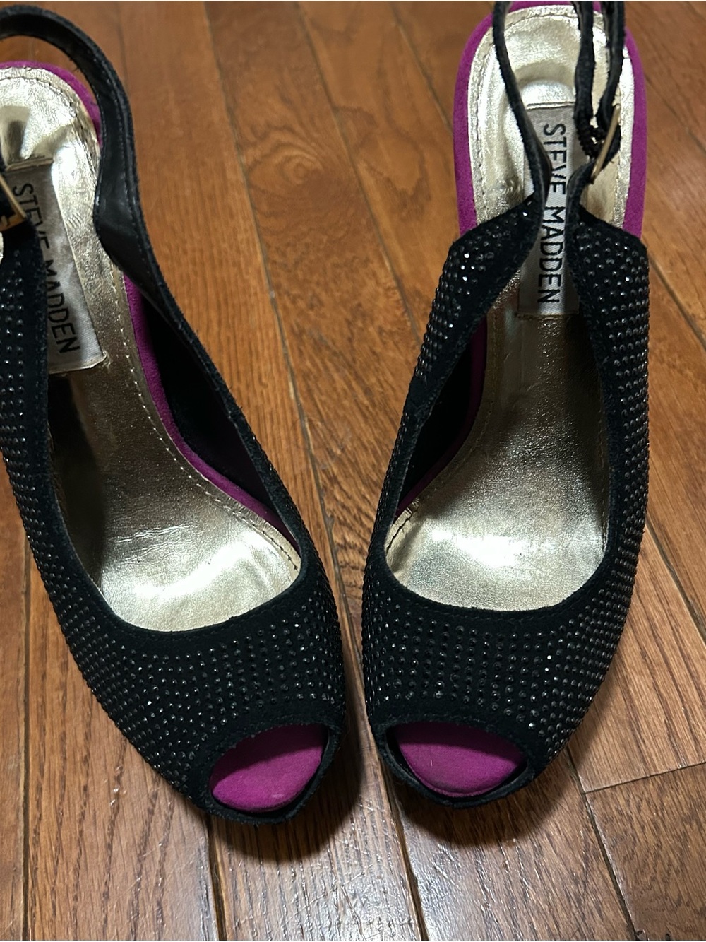 Steve Madden Black Rhinestone Peep-Toe Slingback Heels with Pink Insole